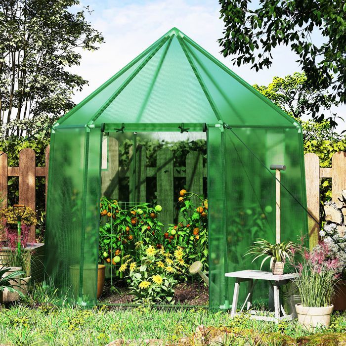 COSTWAY Outdoor Garden Greenhouse with PE Cover, Rustproof PE-Coated Metal Frame, Zipped Door, 198x172x190cm