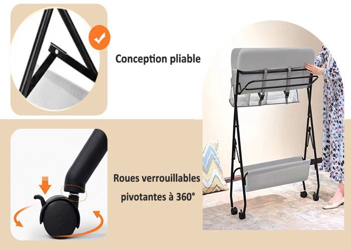 Table à langer Pliable pour bébé avec Roulettes, Sac de rangement - Hauteur réglable -Gris