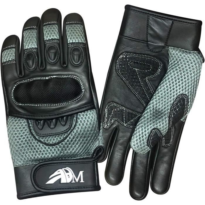 Guantes de cuero para moto/scooter ADM con certificación CE + logotipo de motorista - Suaves y transpirables - Gris y negro