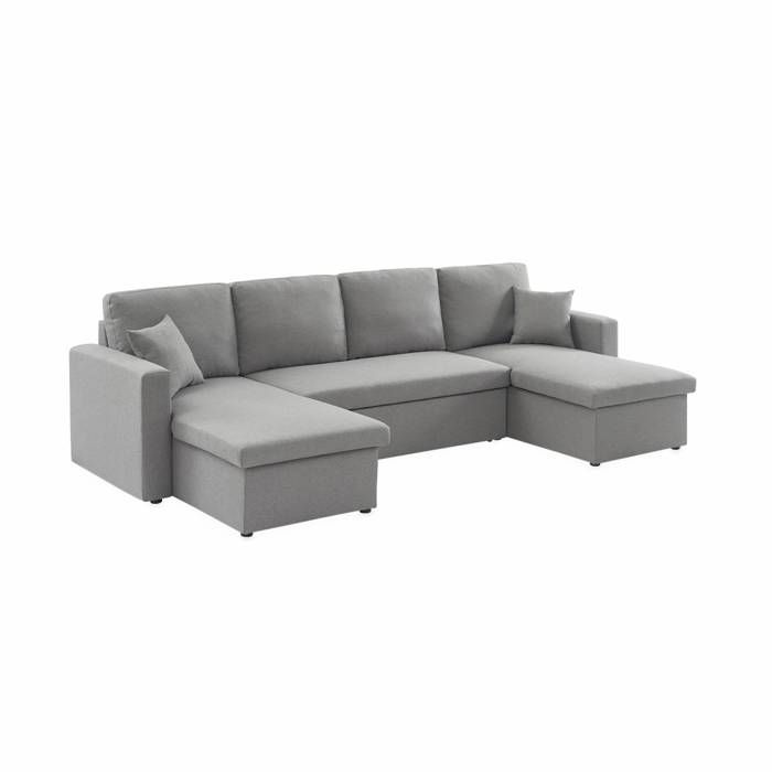 Sofá panorámico convertible en tela gris claro. 4 plazas. Compartimento de almacenamiento. Cama modular.