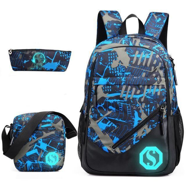 Cartable - Sac à Dos + Sac à Crayons + Petit Sac Bandoulière - Enfant - Mesh Bleu