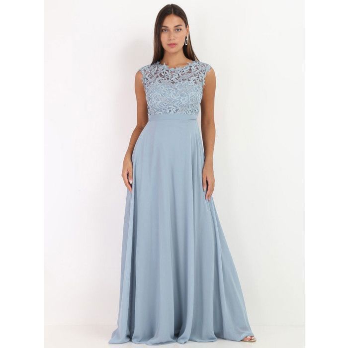 Robe longue à dentelle sur le haut avec dos froncé et élastiqué.Coupe fluide et évasée avec doublure satinée. pour femme - Robes - L