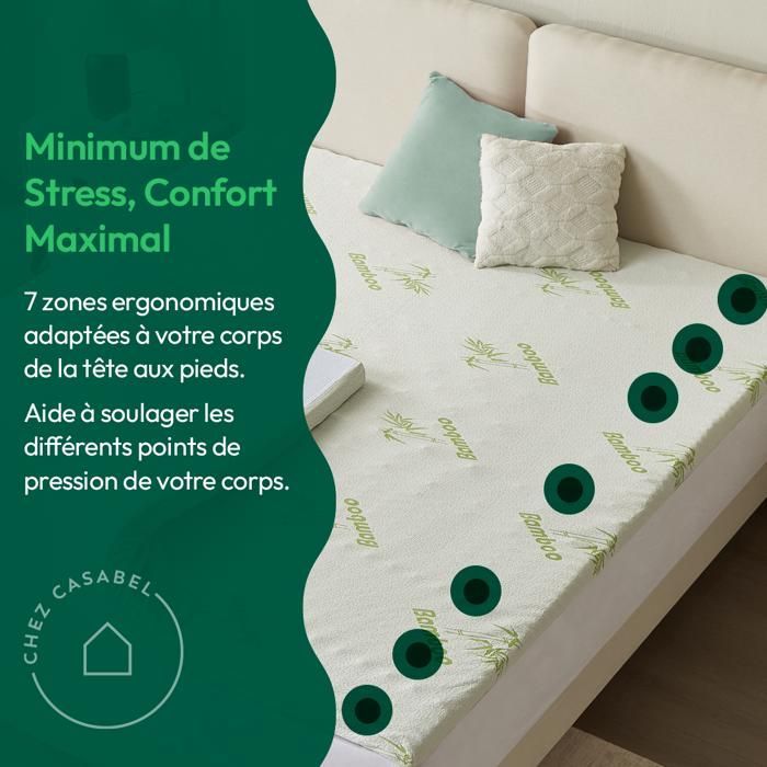 Cubrecolchón CASABEL de 140x190 cm, espuma viscoelástica de 5 cm + funda de bambú - Zonas ergonómicas - Para colchón de cama doble