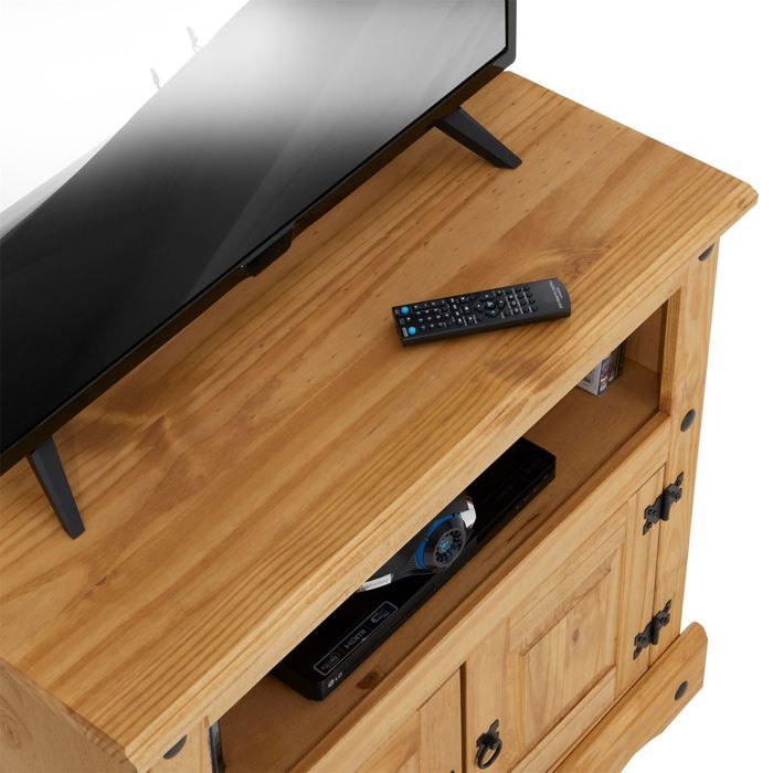 SALSA tv-meubel, 85 cm breed, van massief bruin hout met 2 deuren en een nis, woonkamermeubel in Mexicaanse stijl.