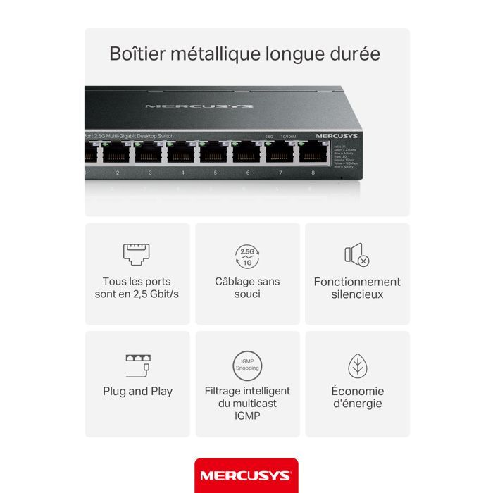 Switch de mesa Mercusys MS108GS-M2 de 8 portas 2.5G Multi-Gigabit - Ethernet - RJ45 - Vídeo 4K