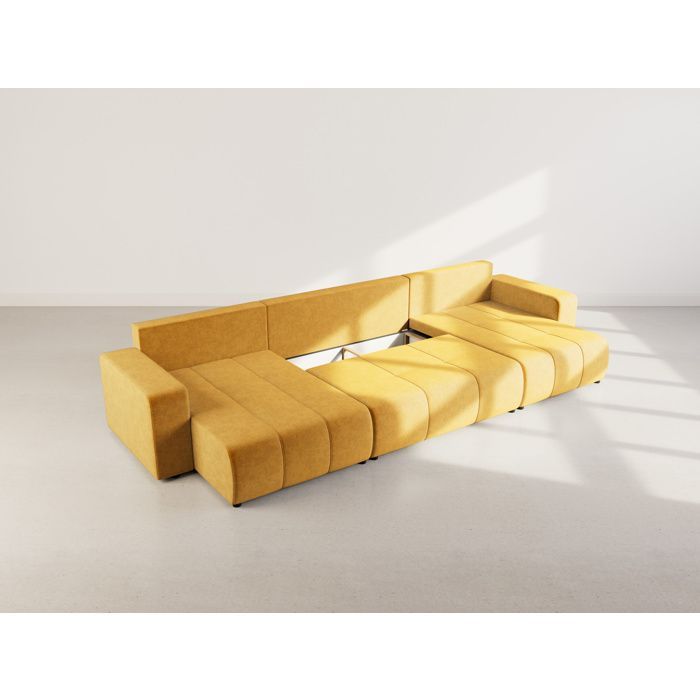 Nicole - Divano letto panoramico a forma di U a 7 posti con contenitore, in tessuto - Giallo