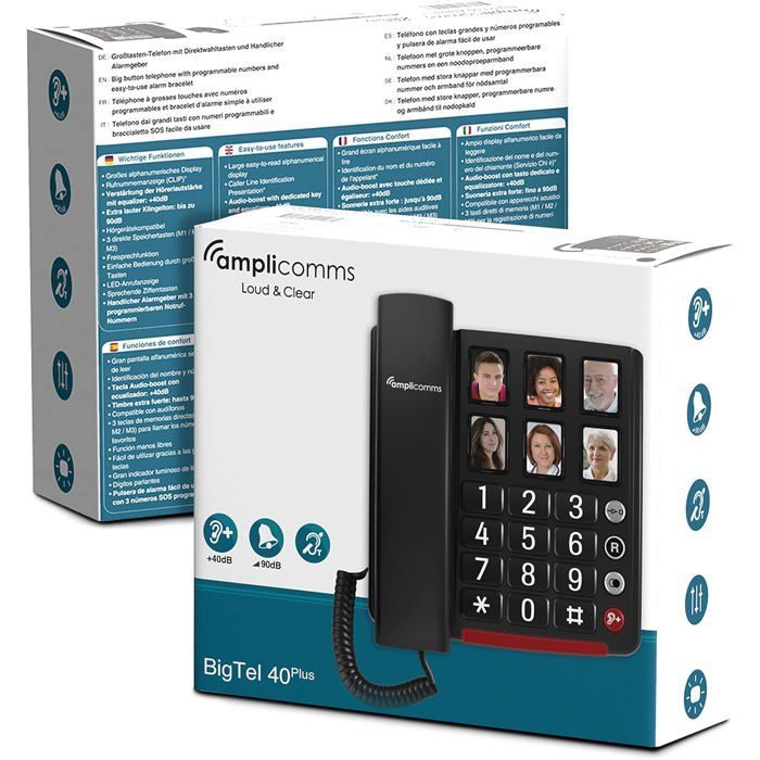 Telefone com fio e botões grandes - FEBEST - Bigtel 40 Plus - Reforço de áudio de 40dB - Toques extra altos