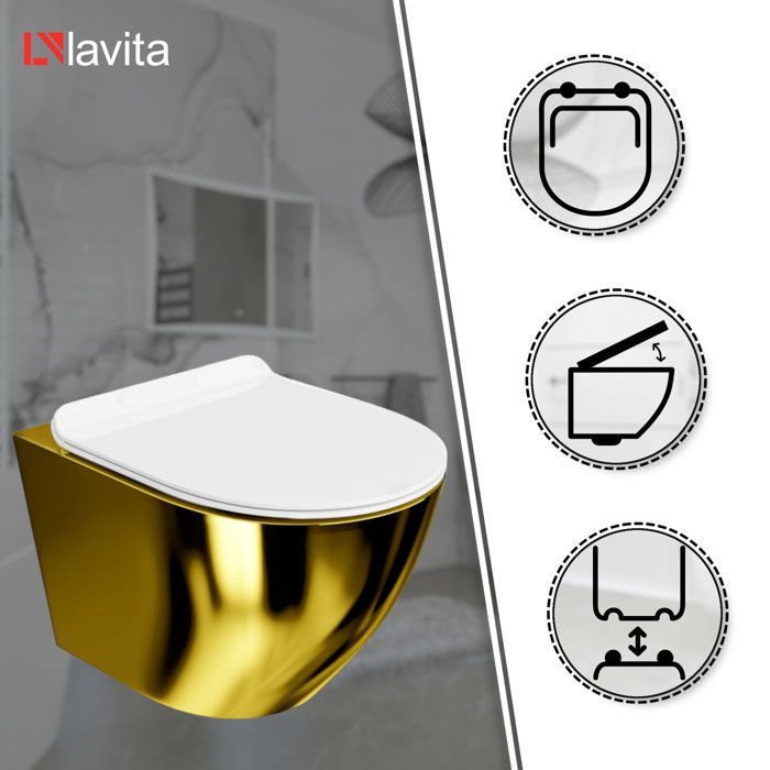 LAVITA Sofi Slim Wand-WC Gold/Weiß | WC-Sitz mit Absenkautomatik | Spülrandloses Wand-WC | WC | 365 x 490 x 395 cm | Weiß/Gold