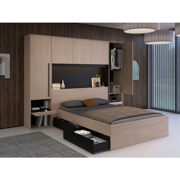 Cama con cabecero y espacio de almacenamiento - Con luces LED - L265 cm - Colores: Natural y negro - VELONA