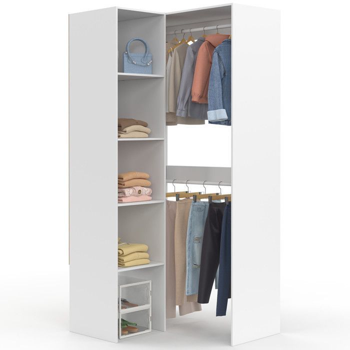 Armadio angolare modulare IDMARKET MELMAN, L 90/127 cm, doppio binario appendiabiti + ripiani, bianco