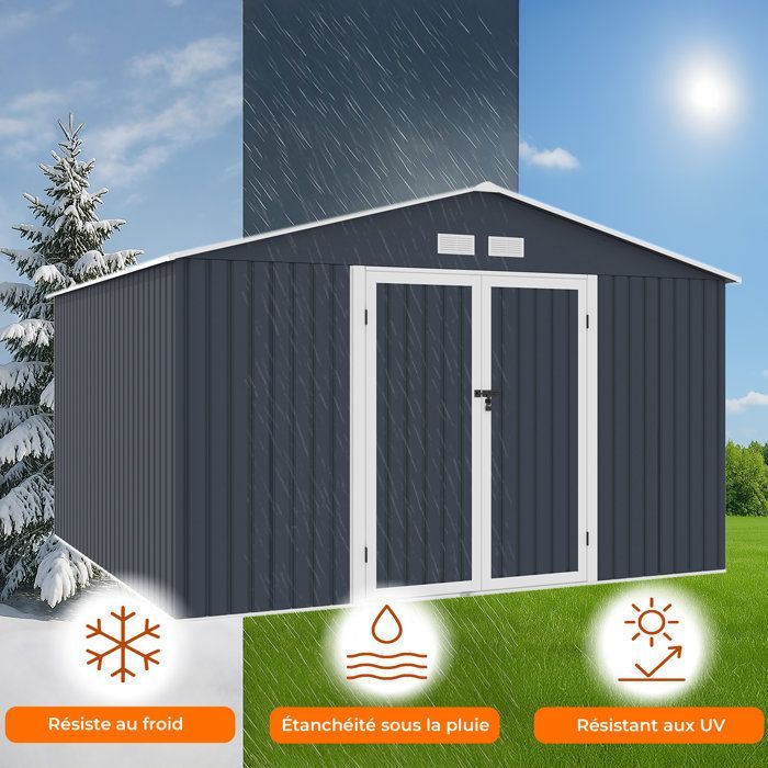 Abri de jardin en métal 10,85 m2 - 340 x 319 x 210 - LUNEX - Kit d'ancrage inclus, 2 portes battantes - Gris