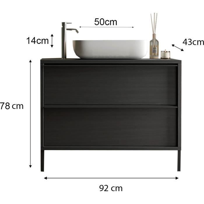 Wastafelmeubel met enkele wasbak, 92 cm breed - 2 lades - Zwart eiken afwerking - STAAL