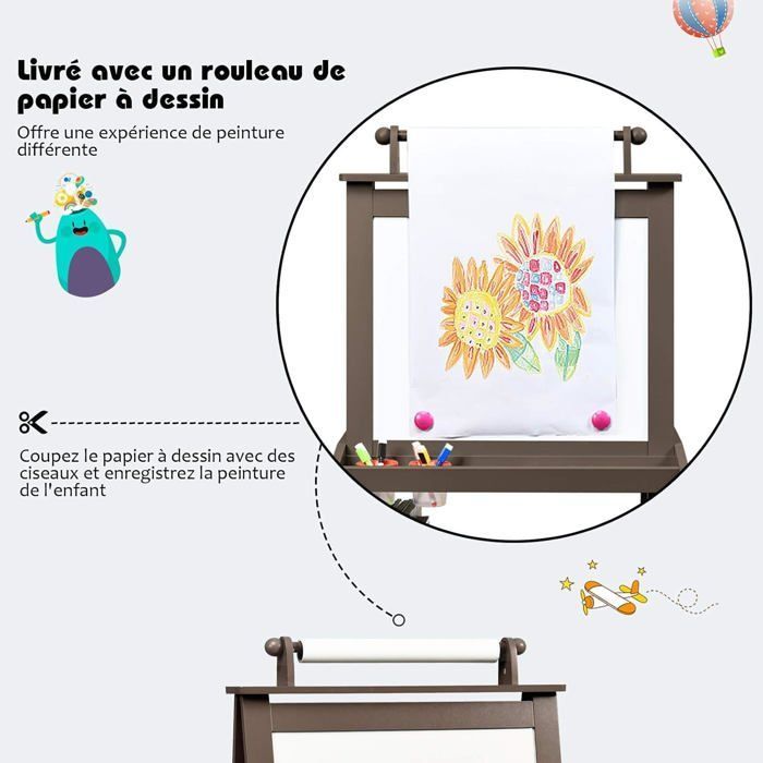 Cavalletto magnetico per bambini GOPLUS, bianco/nero, 59x50x117 cm, cavalletto a doppia faccia con rotolo di carta e scatole portaoggetti, marrone