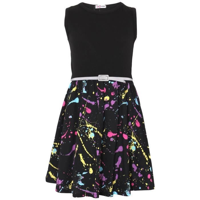 Enfants Filles Panneau Noir Robe Patineuse Pastel Splash Imprimé Fête Top Robes d'été Âge 5 13 Ans