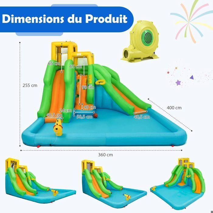 DREAMADE opblaaskasteel voor kinderen met zwembad, waterglijbanen, klimwand en basketbalring