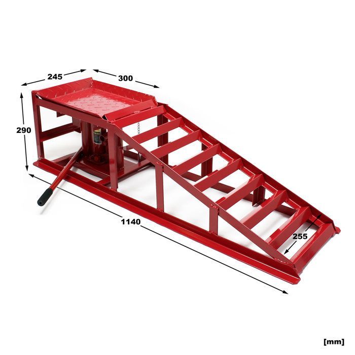 Rampa elevadora y gato hidráulico Wiltec – 1140 x 255 x 290 mm – Capacidad de carga 2000 kg – Altura regulable – Para 2 neumáticos