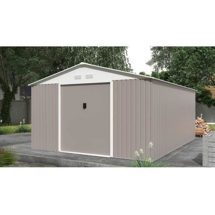 Abri de jardin en métal 15,16 m² - 340 x 446 x 210 - SATURNE - Kit d'ancrage inclus, 2 portes coulissantes - Taupe