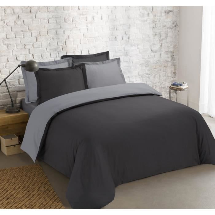 VISION - Dos tonos - Funda nórdica reversible de 200x200 cm con 2 fundas de almohada de 65x65 cm - Antracita/gris - 100% algodón