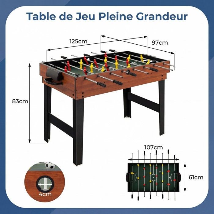 Mesa multijuegos 4 en 1 COSTWAY - Futbolín, ping pong, billar, hockey de aire para niños - 125x97x83 cm - Madera - Accesorios completos - Para mayores de 3 años - Marrón