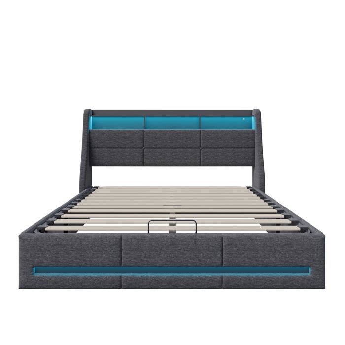 Opbergbed van 140x200 cm met ledverlichting, hoofdbord met USB-poort en opbergruimte, tweepersoonsbed voor volwassenen met lattenbodem, linnen, grijs
