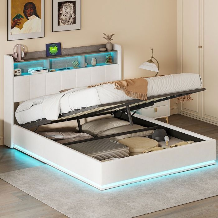 Cama doble con almacenamiento de 160 x 200 cm, base de láminas, estructura de cama, LED regulable, carga USB, blanca, terciopelo.