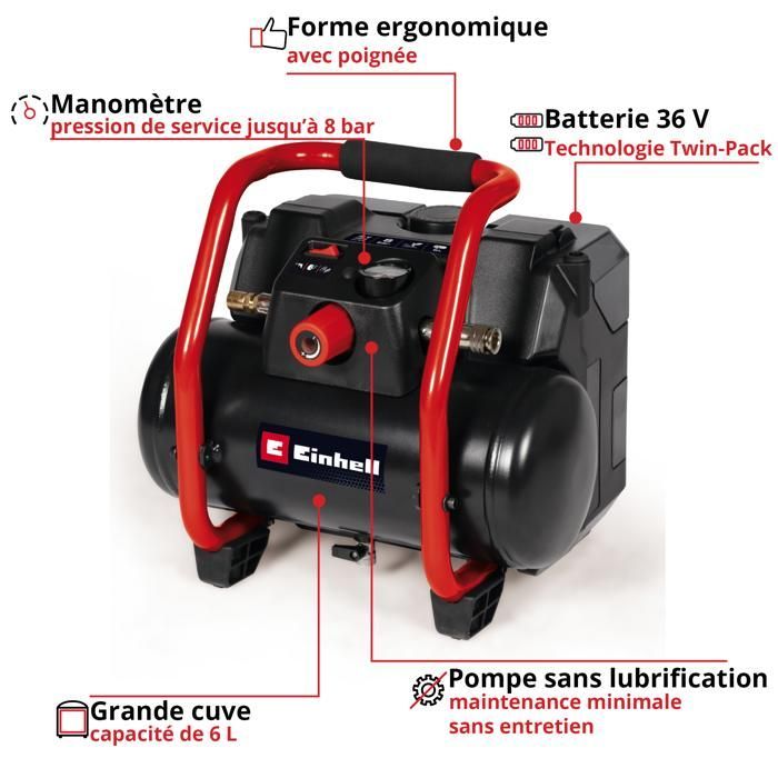 Einhell TE-AC 36/150 Li OF-Solo PXC Cordless Compressor (36V, 8 bar max, 6L tank) Supplied without battery or charger