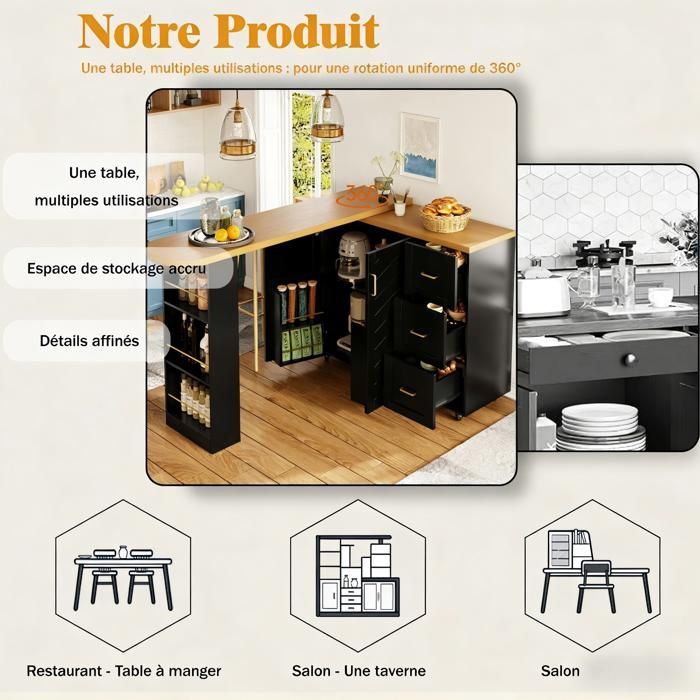Buffet Cuisine,Îlot de Cuisine Extensible 135-228×39×104 cm,Avec 2 Portes 3 Tiroirs,Plateau Finition Bois, Roulant,Noir