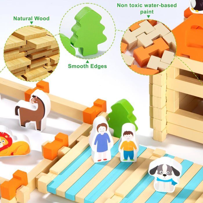 Montessori wooden building set for children, 122 pieces, educational toys for children aged 3 and up