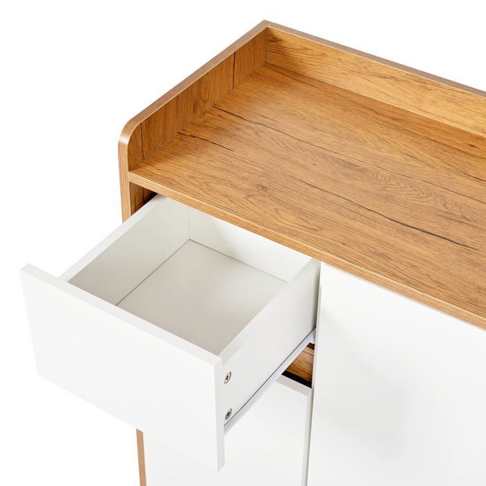 Cómoda/aparador/zapatero blanco y de madera, 90x35x99 cm, con estantes ajustables y patas de madera maciza.