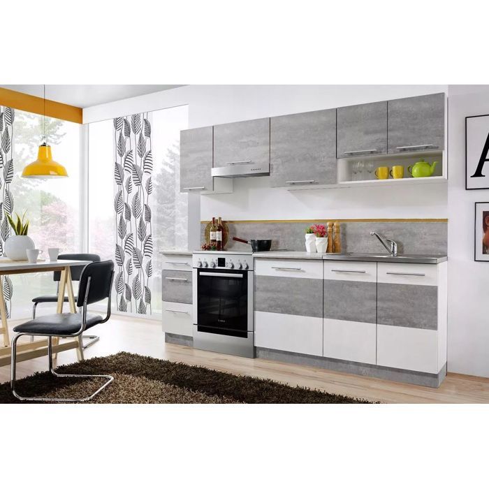 Cocina LAX con acabado en hormigón y blanco mate, 7 módulos, 240 cm