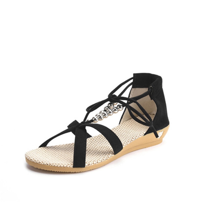 Sandali stile romano 2021 con cinturini, borsetta con perline, scarpe da donna, zeppa con suola in gomma, sandali neri sexy da donna