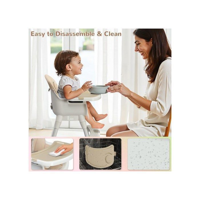 Trona LALAHO para bebé/niño pequeño - Altura ajustable y plegable, bandeja extraíble, arnés de seguridad de 5 puntos - Beige