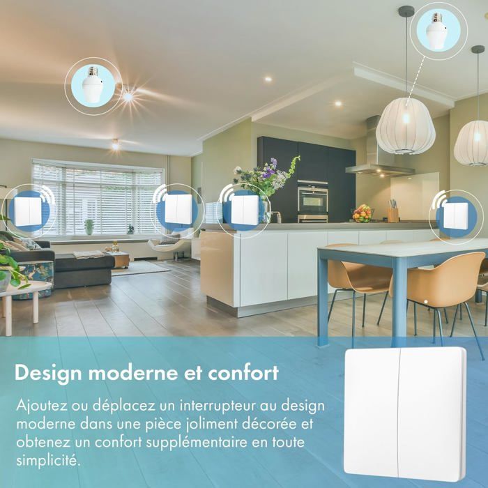 Ready-to-install, battery-free, wireless two-way switch kit - 4 double push buttons + 2 screw-in receiver sockets