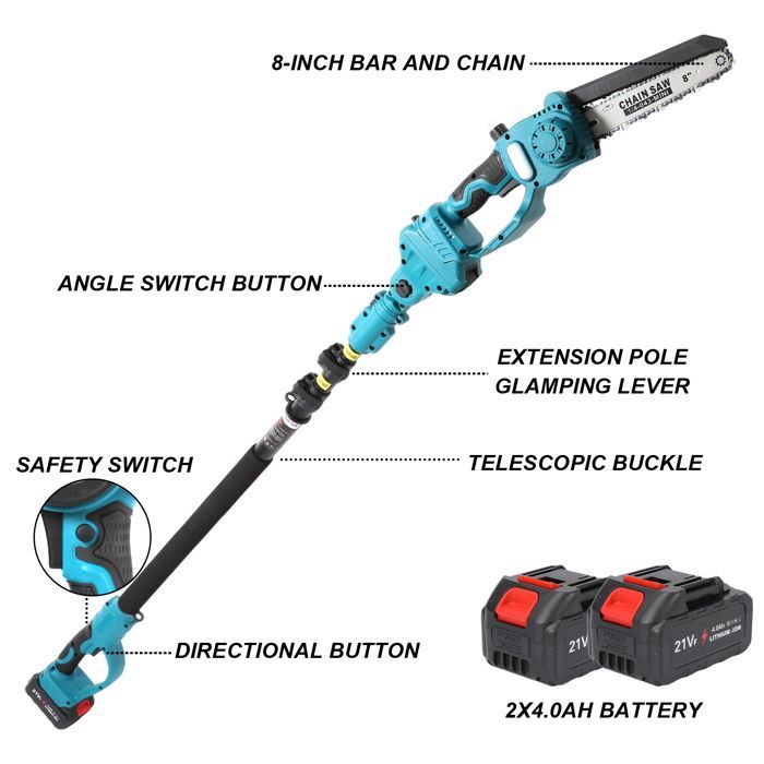 Scie Élagueuse Sans Fil 2-en-1 20V + Tronçonneuse Mini | 8 Pouces | Perche Télescopique (1,8 à 3m) Compatible Batteries Makita