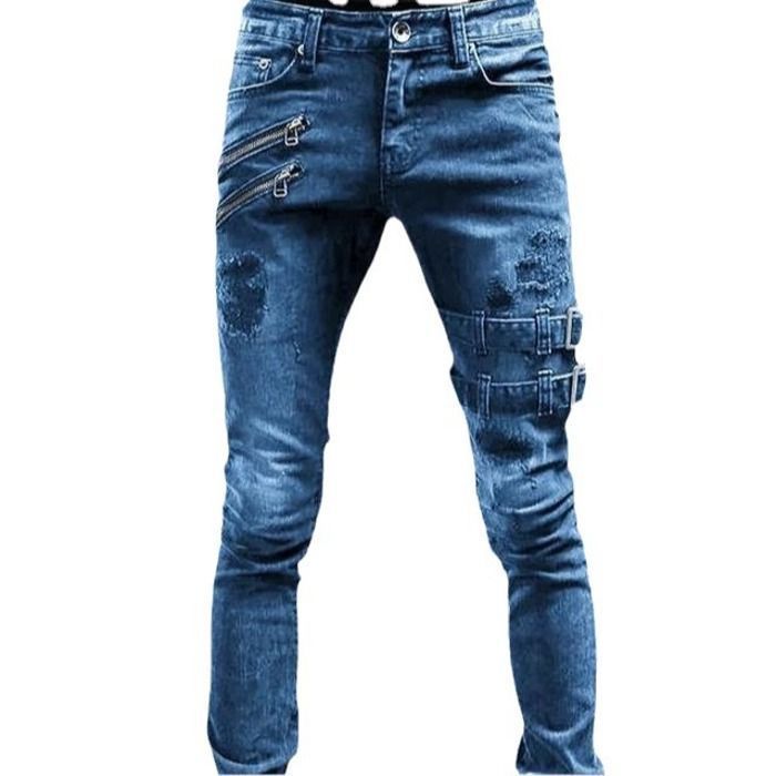 Pantalones vaqueros de moto para hombre con cintura elástica, color liso, estilo casual y moderno - Azul