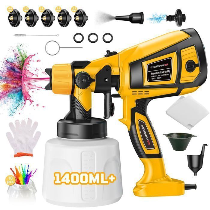 Pistolet à Peinture, 800W Pulvérisateurs de Peinture avec 5 Buses et 3 Modes de Pulvérisation, Débit Réglable Réservoir de 1400 ML