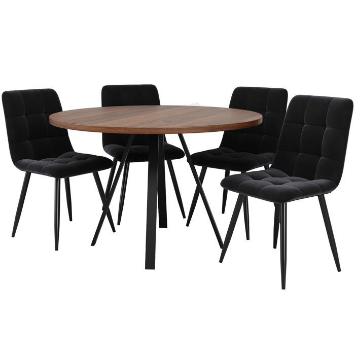 Table à manger ronde Set de 5 - 4 chaises en velours - 80x80 cm - Noir et noyer