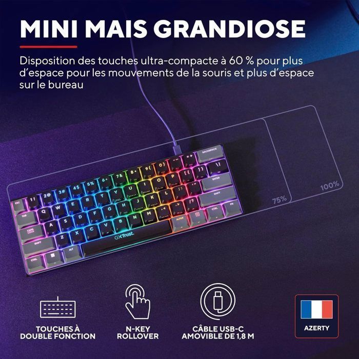 Clavier Gaming Mécanique 60 % RGB - TRUST GAMING - GXT 867 Acira - Switches Précis - Format Compact - PC