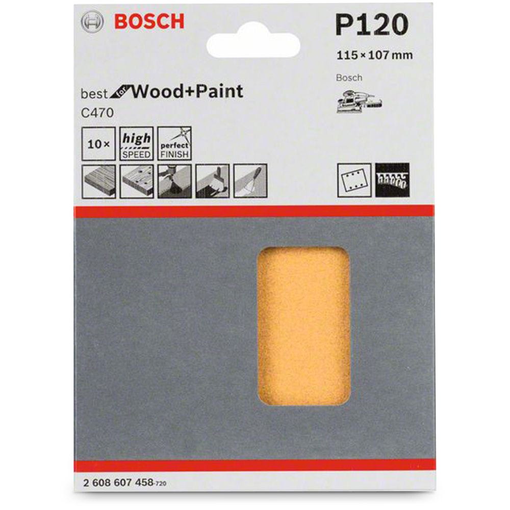 BOSCH Schleifpapier 115 x 107 mm, Körnung 120, 6 Löcher, Klettverschluss, für Holz und Lack – C470, 10 Stück