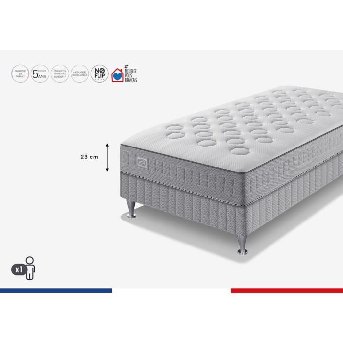 Conjunto de colchón y base de cama SIMMONS de 90 x 190 cm y 23 cm de altura - Muelles ensacados Sensoft - Fabricado en Francia - SW1