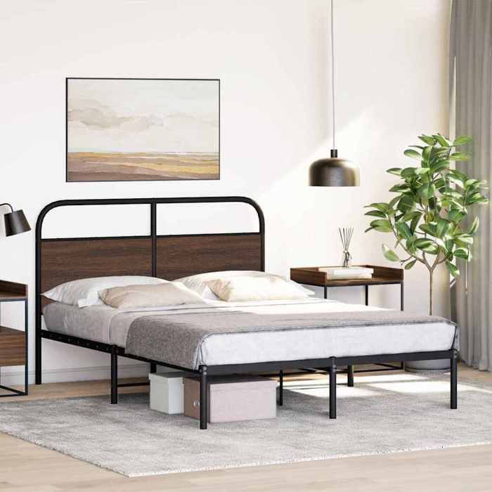 Stalen bedframe - vidaXL - 120x190 cm - Bruin eiken - Hoofdbord - Lattenbodem - 196x125x100 cm