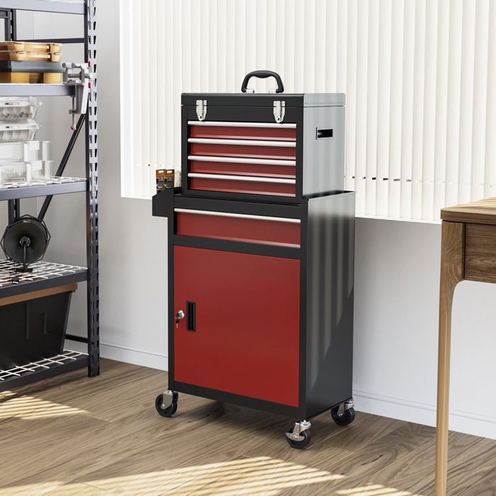 Chariot d'atelier HOMCOM Servante d'Atelier sur roulettes Chariot avec Caisse à Outils Amovible, 5 tiroirs et armoire verrouillable