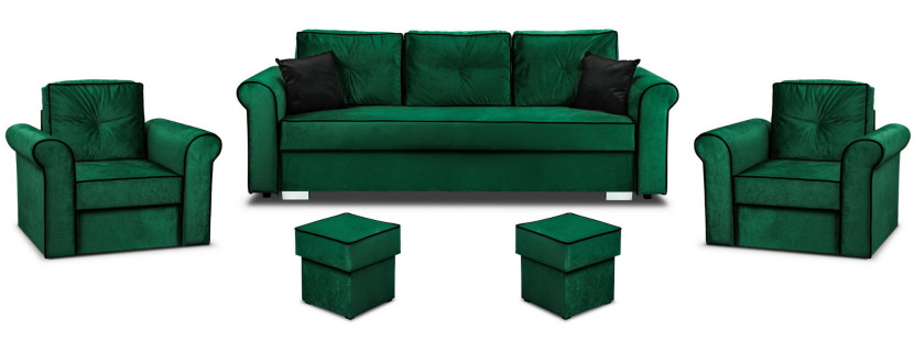 Zestaw Wypoczynkowy Merida Sofa   2x Fotel i Podnóżek Zieleń