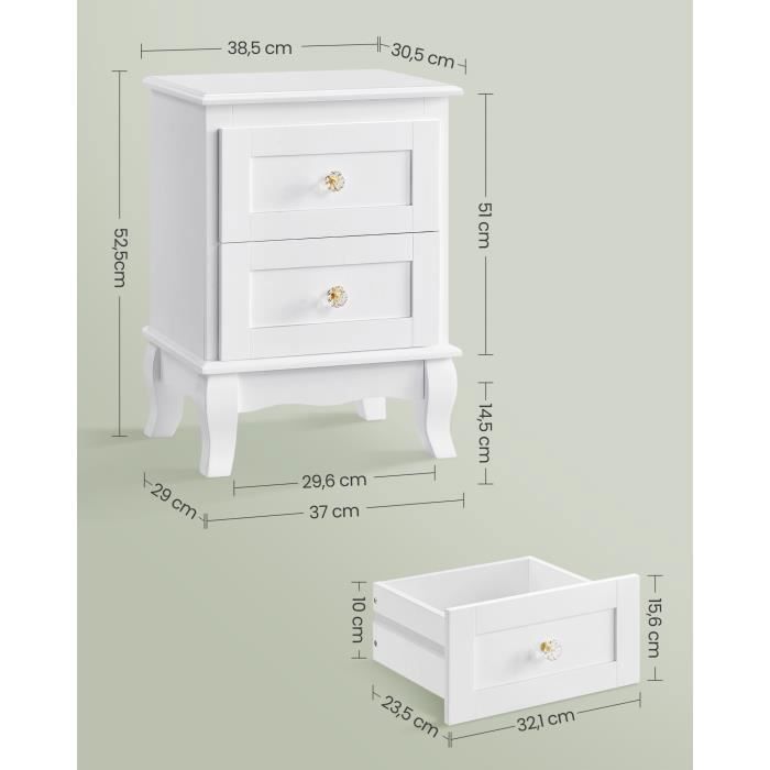VASAGLE Comodino, Set da 2, Tavolino da notte, Tavolino piccolo con 2 cassetti, Gambe in legno di pino, Vano portaoggetti, Bianco
