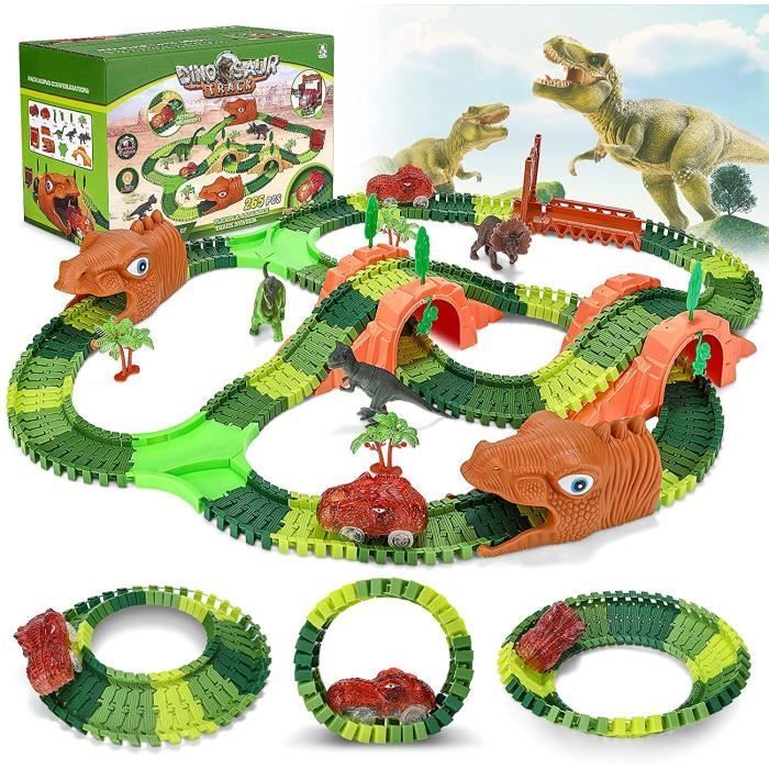 Pista de coches de juguete de dinosaurios para niños, set de 265 piezas con 2 coches de juguete con luces, circuito de pista flexible.