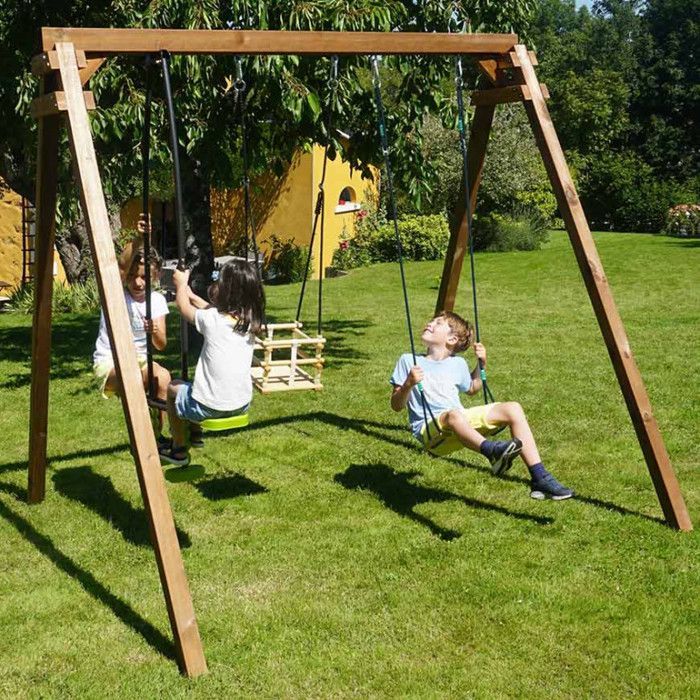 Portique en bois carré 3 agrès avec balançoire bébé et face à face PIERRE