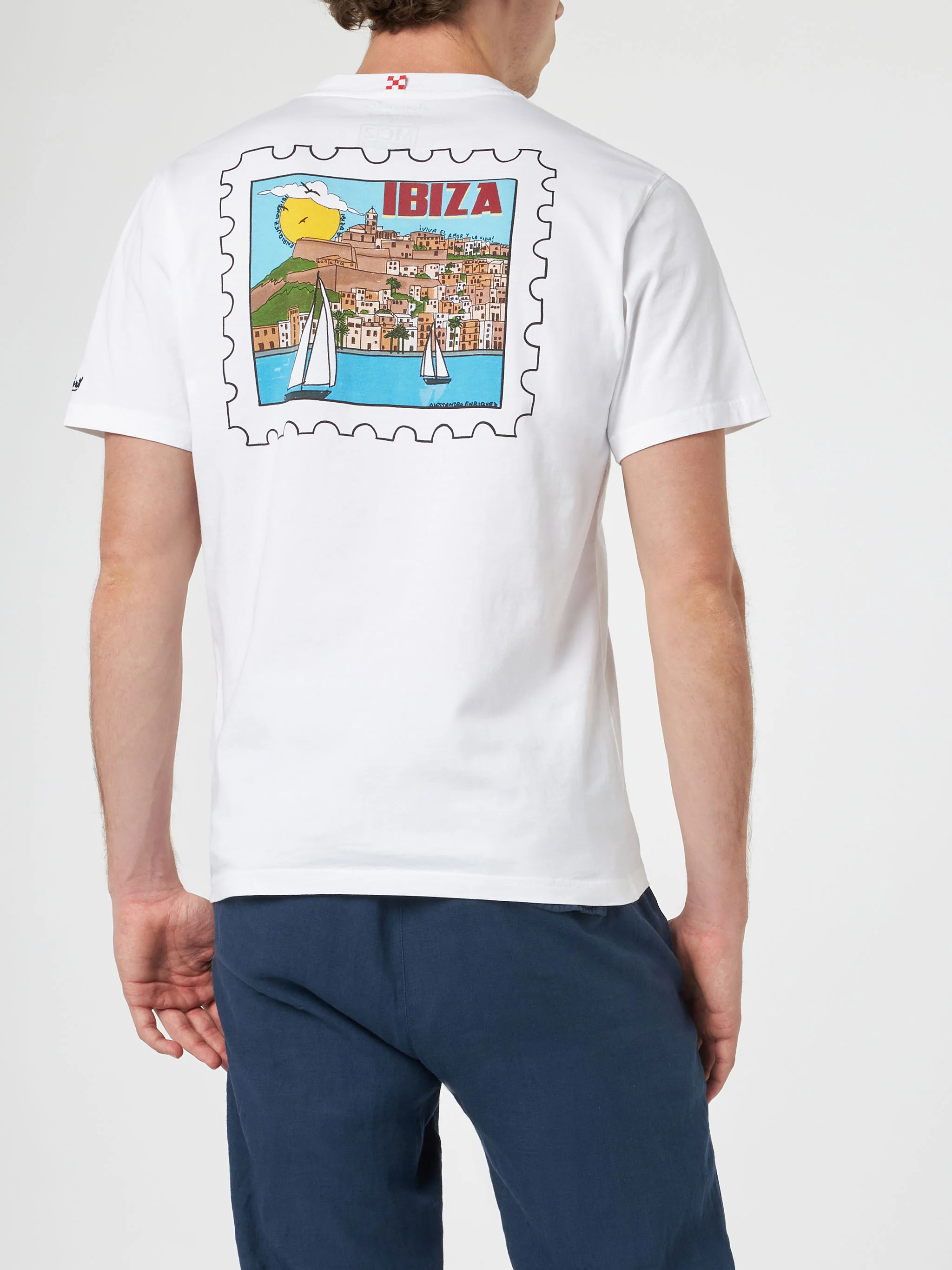 T-shirt da uomo in cotone con stampa cartolina Ibiza davanti e dietro