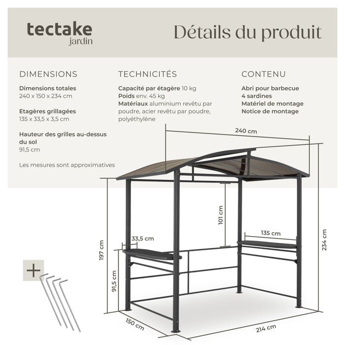 Abri pavillon barbecue - TECTAKE - Abri pour barbecue Asado - Robuste, alu/acier, toit ignifuge - 2,4x1,5x2,34m - gris