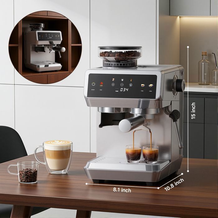 Machine à café avec broyeur AMZCHEF 44 réglages de mouture machine à expresso 20 bars acier inoxydable