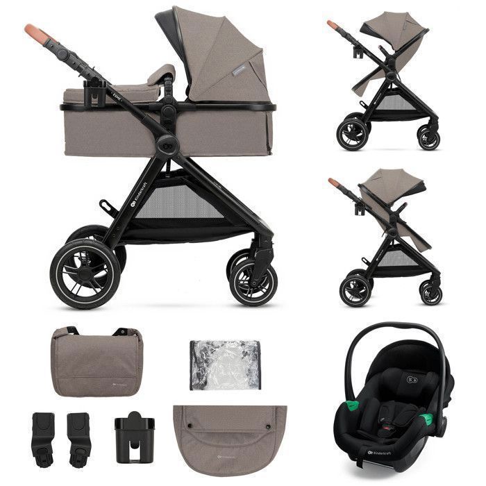 Sistema di viaggio Kinderkraft ESME PRO 3 in 1, seggiolino auto MINK PRO 2 i-Size incluso, ruote in TPE antiforatura, chiusura compatta, beige